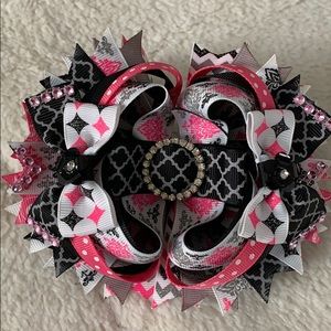OTT Black & Pink Hair Bow snap clip rhinestones